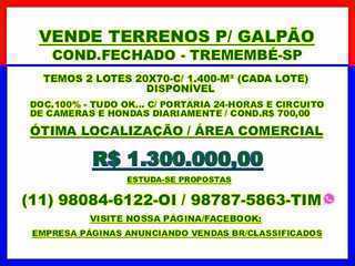 Vende Terrenos para Galpão / Cond.fechado - Tremembé-sp