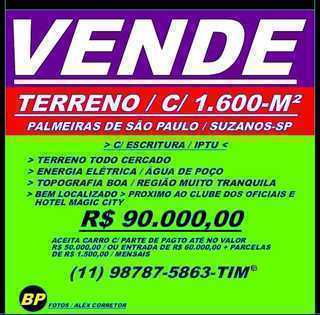 Vende Terreno c/ 1.600-m2 / Palmeiras de São Paulo / Suzano-sp