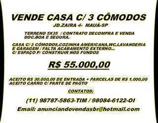 Vende Casa c/ 3 Cômodos / Bairro Jd.zaira 4 - Mauá - SP