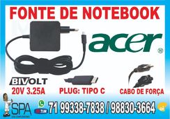 Fonte Notebook Ultrabook e Tablet Usb-c Acer 20v 3.25a Plug Tipo C em