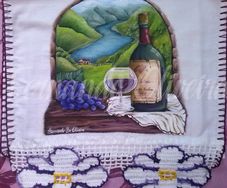 Pintura Pano de Prato Vinho Uvas e Paisagem