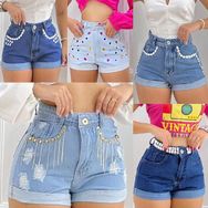 Short Feminino Jeans Pedraria Hot Pants