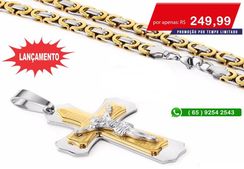 Kit Cordão + Crucifixo Grande Masculino Folheados Ouro 18k