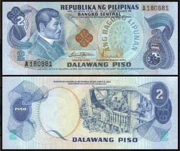 Cedula Filipinas 2 Piso Philippines ásia,2 Pesos