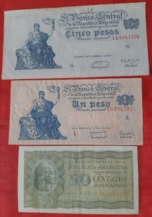 3 Cédulas Argentina 50 Centavos 1 Peso e 5 Pesos 1947 Bem Conservadas