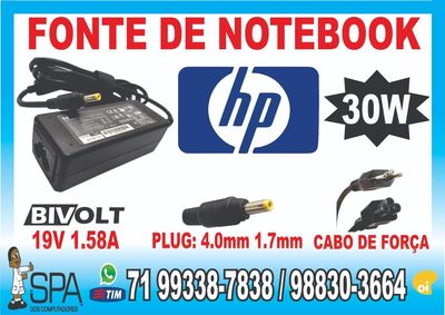 Fonte Notebook Hp Mini 19.5v 1.58a 30w Plug Amarelo 4.0mm X 1.7mm em S