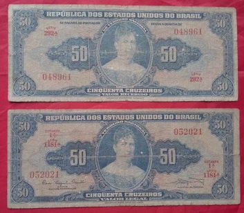 2 Cédulas 50 Cruzeiros Princesa Isabel C024 Assinada e C028