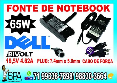 Fonte Carregador para Notebook Dell 19.5v 4.62a 65w 7.4mm X 5.0mm