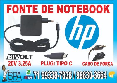 Fonte Notebook Ultrabook e Tablet Usb-c Hp 20v 3.25a Plug Tipo C em SA