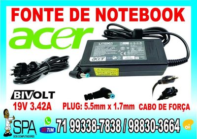 Fonte Carregador para Notebook Acer 19v 3.42a 65w Plug 5.5mm X 1.7mm