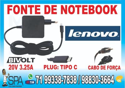 Fonte Notebook Ultrabook e Tablet Usb-c Lenovo 20v 3.25a Plug Tipo C e
