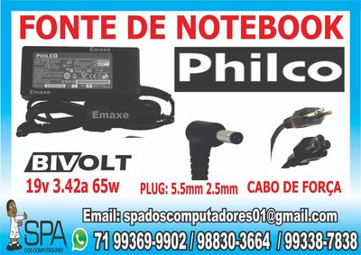 Fonte Notebook e Netbook Philco 19v 3.42a 65w 5.5mm X 2.5mm em Salvado
