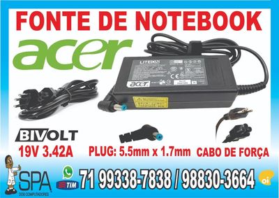 Fonte Carregador para Notebook e Netbook Acer 19v 3.42a 65w Plug 5.5mm