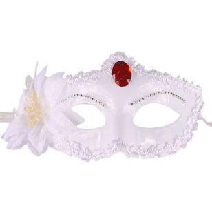 Máscara Branca com Flor Lateral e Pedra Vermelha