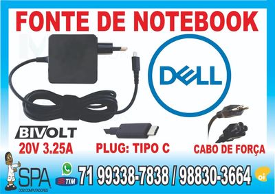Fonte Notebook Ultrabook e Tablet Usb-c Dell 20v 3.25a Plug Tipo C em