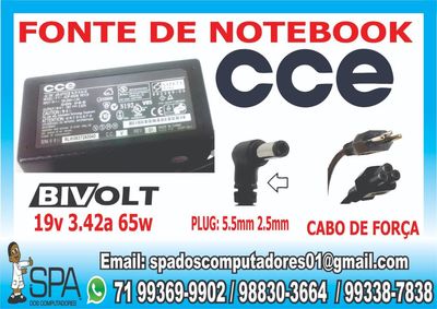 Fonte Carregador Notebook e Netbook Cce 19v 3.42a 65w 5.5mm X 2.5mm em