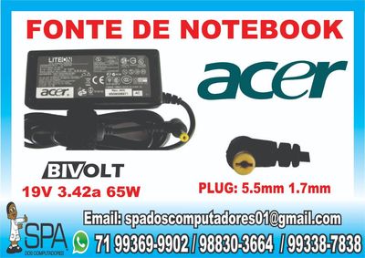 Fonte Carregador Notebook Acer 19v 3.42a 65w em Lauro de Freitas