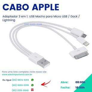 Cabo Apple Usb - Iphone 4 / 4s / 5 / Micro Usb 15cm 3 em 1 Adaptador C