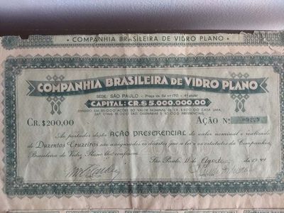 Ação ao Portador Companhia Brasileira de Vidro Plano Completa com Todo