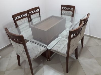 Mesa de Jantar com 6 Cadeiras - Vidro 10mm - Canto Moeda