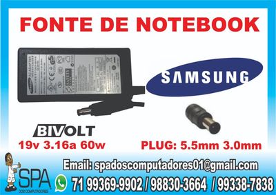 Fonte Notebook e Netbook Samsung 19v 3.16a 60w 5.5mm X 3.0mm em Salvad