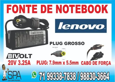 Fonte Carregador Notebook e Netbook Lenovo Plug Grosso em Salvador BA
