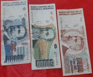 3 Cédulas da Argentina de 10 Mil 50 Mil e 100 Mil Australes