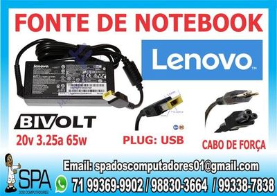 Fonte Carregador Notebook e Netbook Lenovo 20v 3.25a 65w Pino Usb