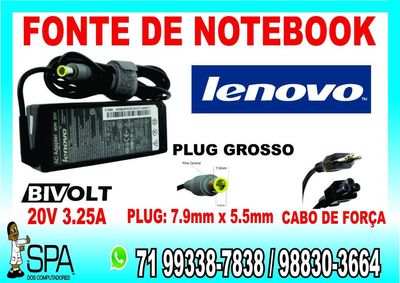 Fonte Carregador para Notebook e Netbook Lenovo 20v 3.25a Plug Grosso