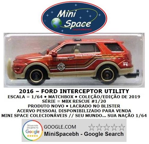 Matchbox 2016 Ford Interceptor Utility Depto Bombeiro 1/64