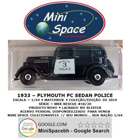 Matchbox 1933 Phymouth Pc Sedan Preto Depto Polícia 1/64