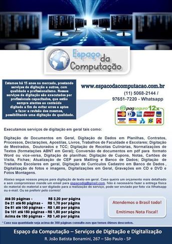 Serviços de Digitação e Digitalização em São Paulo / Ipiranga