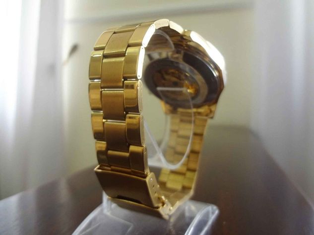 Relógio Esquelético Automático Forsining Dourado em Aço Inoxidável