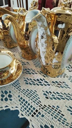 Conjunto Chá e Café Porcelana Schmidt Dourada 32 Peças