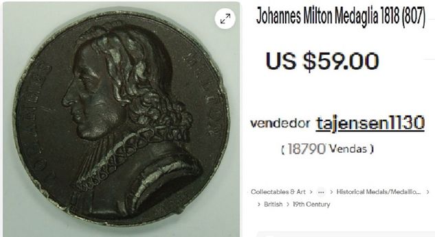 1818 Medalha John Milton Escritor Autor de Paraíso Perdido