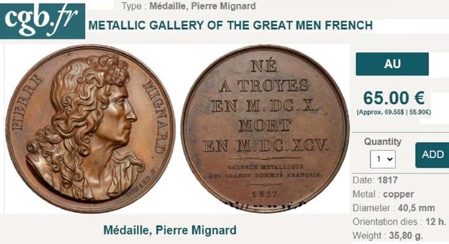 1817 Medalha Pierre Mignard / Galerie Paris / Pintor Barroco