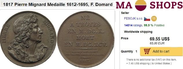 1817 Medalha Pierre Mignard / Galerie Paris / Pintor Barroco