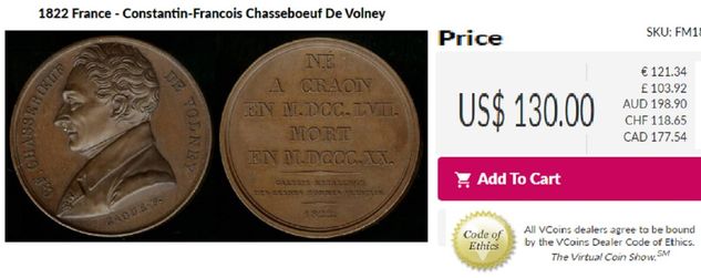 Paris 1822.medalha Conde de Volney Constantin F Chasseboeuf