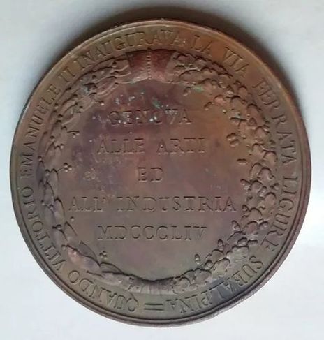Medalha 1854 Inauguração Ferrovia Subalpina Itália Rei V. Emanuele
