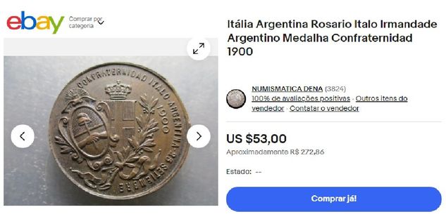 Medalha de 1900 Confraternidade Itália Argentina / Linda 50% Off