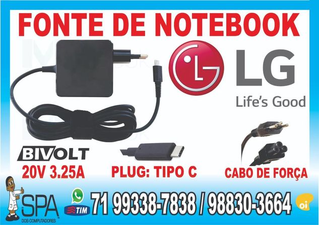 Fonte Notebook Ultrabook e Tablet Usb-c Lg 20v 3.25a Plug Tipo C em SA
