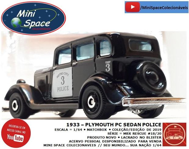 Matchbox 1933 Phymouth Pc Sedan Preto Depto Polícia 1/64