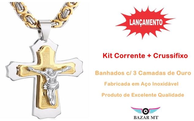 Kit Cordão + Crucifixo Grande Masculino Folheados Ouro 18k