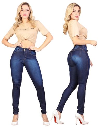 Calça Jeans Feminina Elastano Cintura Alta Efeito Levanta Bumbum