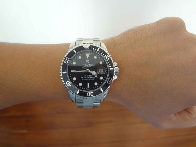 Relógio Luxuoso Tevise Preto com Prata com Caixa à Prova D´água 100% N