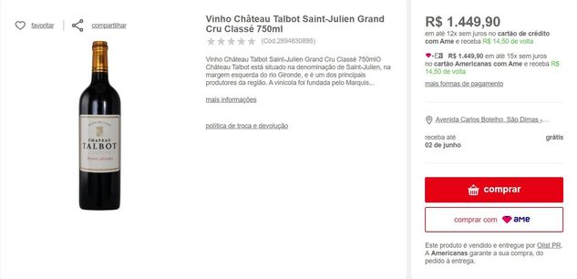 Vinho Château Talbot Saint-julien Grand Cru Classe 750ml