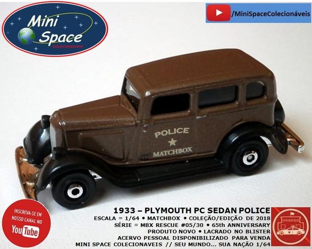 Matchbox 1933 Phymouth Pc Sedan Depto Polícia 1/64