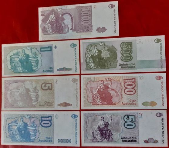 7 Cédulas Argentina Série Australes 1 a 1000 Set Completo Fe