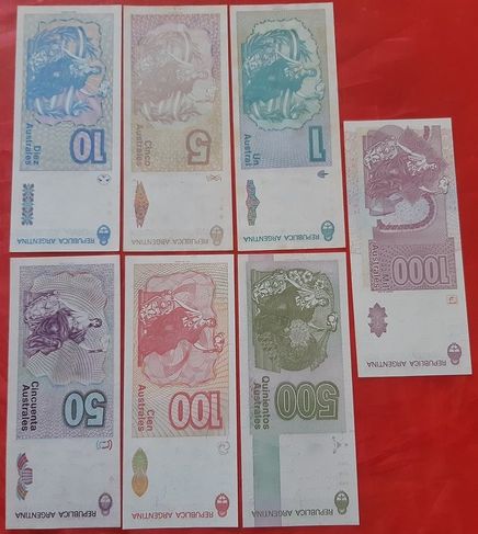 7 Cédulas Argentina Série Australes 1 a 1000 Set Completo Fe