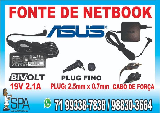 Fonte Carregador para Netbook Asus 19v 2.1a 40w Plug Fino 2.5mm X 0.7m